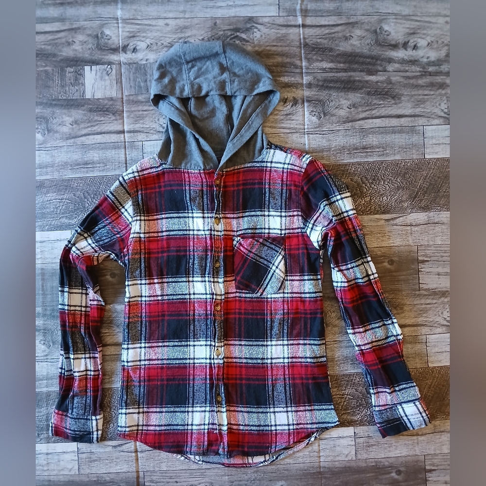 Street Rules Hoodie Youth Sweatshirt Button Front Red Multiplaid Size (14/16)